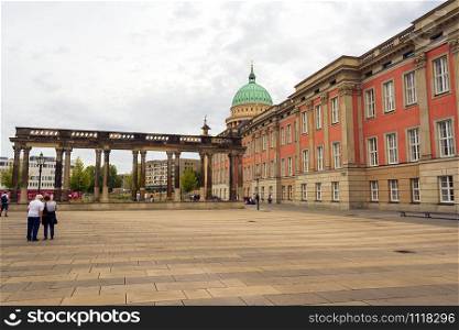 Berlin, Germany - August 17 2019 - Outdoor scenery of buildings around street, am alten markt which is an old historical market square in Potsdam, Germany. Outdoor scenery of buildings around street, am alten markt which is an old historical market square in Potsdam, Germany