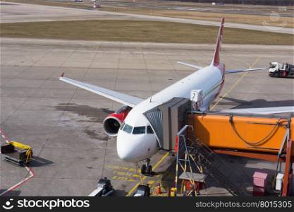 BERLIN, GERMANY - MARCH 21, 2015: Air Berlin aircraft parks at the gate in Tegel airport, Berlin, Germany. The AirBerlin is the second largest airline in Germany