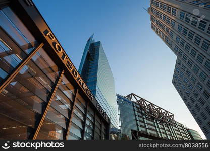 BERLIN - May 10: Station building and skyscrapers at Potsdamer Platz on May 10, 2016 in Berlin.