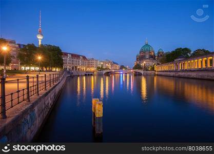 Berlin&rsquo;s River Spree, the Berliner Dom, and TV Tower (Fernsehturm) at twilight