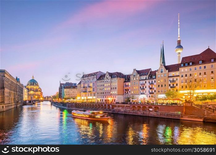Berlin skyline with Berlin Cathedral (Berliner Dom) and Spree river at sunset twilight, in Germany