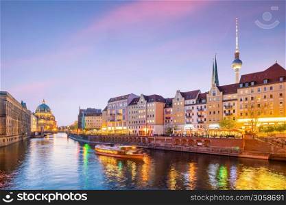Berlin skyline with Berlin Cathedral (Berliner Dom) and Spree river at sunset twilight, in Germany