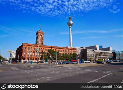 Berlin Spandauer street with Rotes Rathaus. Berlin Spandauer street with Rotes Rathaus and Berlinen Fernsehturn TV tower
