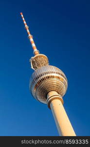 Berlin Television Tower, Berliner Fernsehturm against a blue sky, Berlin, Germany