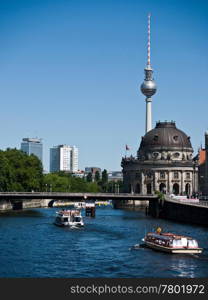 Berlin TV Tower and Museum. Berlin - View over the River Spree to the TV Tower and the Museum Island
