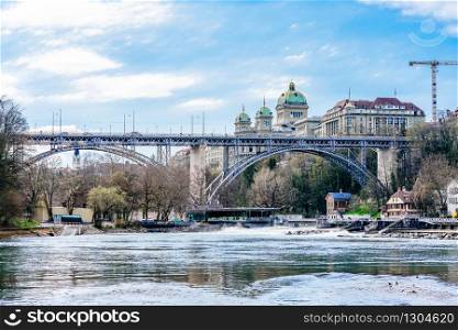BERN, SWITZERLAND - APRIL 10, 2018: Panoramic view on the magnificent old town of Bern, capital of Switzerland