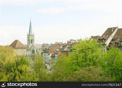 Berne, Switzerland. Beautiful old town. Prominent cathedral tower.