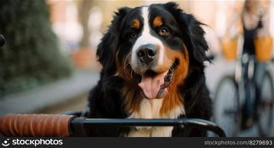 Bernese Mountain Dog dog have fun bicycle ride on sunshine day morning in summer on town street