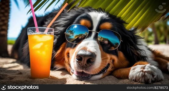 Bernese Mountain Dog dog is on summer vacation at seaside resort and relaxing rest on summer beach of Hawaii