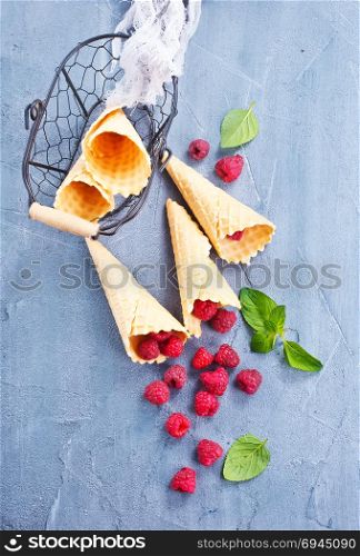 Berries and ice cream cone, stock photo