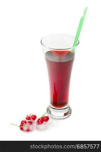 Berry juice in a glass and currant in ice isolated on white background