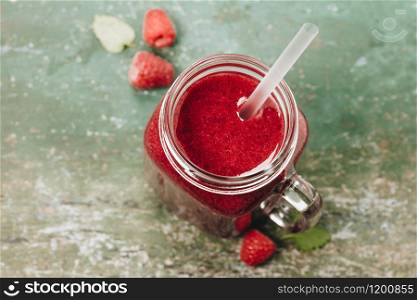 Berry smoothie on rustic wooden background - Detox, dieting, clean eating, vegetarian, vegan, fitness, healthy lifestyle concept