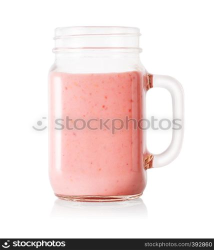 Berry smoothie or yogurt in mason jar isolated on white background. Berry smoothie or yogurt in mason jar