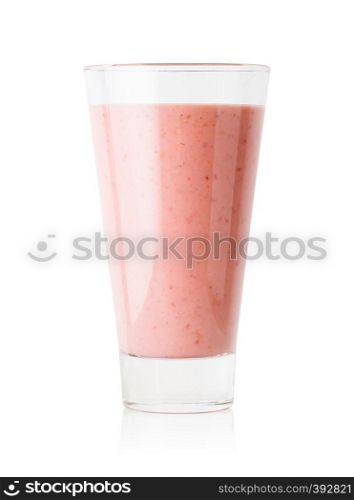 Berry smoothie or yogurt in tall glass isolated on white background. Berry smoothie or yogurt in tall glass