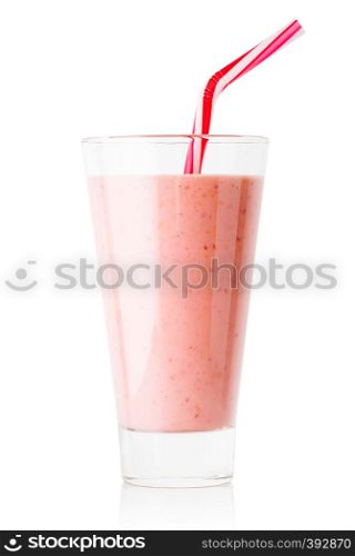Berry smoothie or yogurt in tall glass with a straw isolated on white background. Berry smoothie or yogurt in tall glass with straw