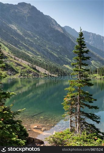 Bertha lake, Landscape of the Waterton Lakes National Park with blue sky, Alberta, Canada