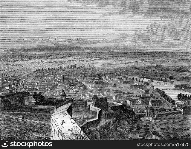 Besancon, capital of the department of Doubs, View from the citadel, vintage engraved illustration. Magasin Pittoresque 1845.