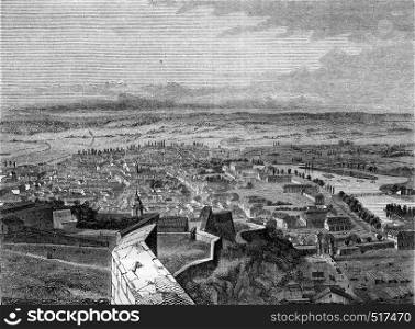 Besancon, capital of the department of Doubs, View from the citadel, vintage engraved illustration. Magasin Pittoresque 1845.