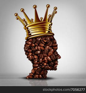 Best coffee concept as a king symbol with roasted beans shaped as a cafe barista wearing a gold crown as an icon for the best espresso or coffees with 3D elements.