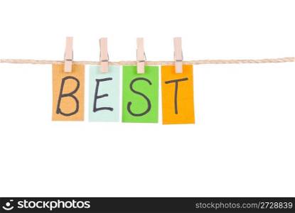 Best, Colorful words hang on rope by wooden peg