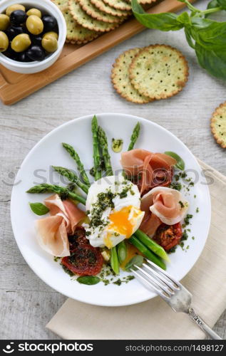 Best Eggs Benedict - Poached eggs with prosciutto, asparagus, sun-dried tomatoes and pesto