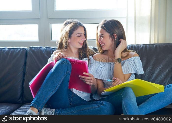best friend girls studying homework at home. best friend girls studying homework at home in sofa