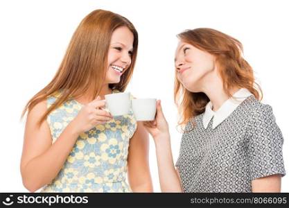 best friends meet for a cup of tea, a portrait on a white background isolated