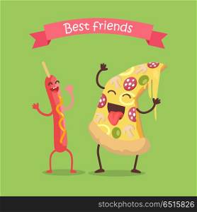 Best Friends Sausage on Stick and Pizza Dancing.. Best friends sausage on stick and pizza dancing. Funny food story conceptual banner. Fresh cooked food characters in cartoon style on disco. Happy meal for children. Childish menu poster. Vector