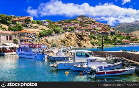 Best of Greece - scenic Lesvos island. Molyvos  Mythimna  town. view of port and medieval castle on hill top