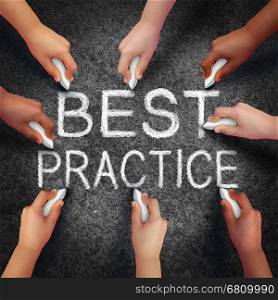 Best practice business concept as a group of hands drawing text on an asphalt street as a development metaphor for excellence in method in a 3D illustration style.