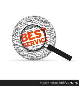 Best Service 3d Word Sphere with magnifying glass on white background.