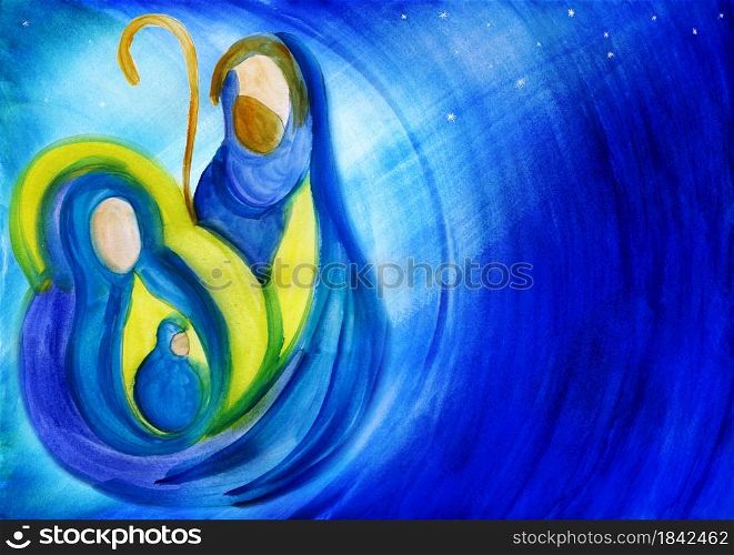 Bethlehem nativity scene. Abstract watercolor Christmas scene illustration representing the holy family with Joseph Mary and baby Jesus. Blue starry background. Copy space Merry Christmas