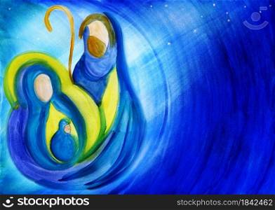 Bethlehem nativity scene. Abstract watercolor Christmas scene illustration representing the holy family with Joseph Mary and baby Jesus. Blue starry background. Copy space Merry Christmas