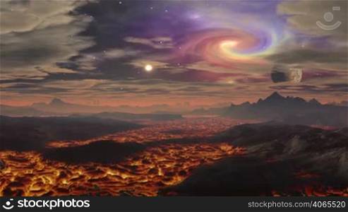 Between the hills slowly burning hot lava flows. Above the surface of the gray haze. In the dark starry sky float low heavy clouds. In the distance, the sun shines brightly. Colored spiral nebula is visible from behind the clouds. A small planet (moon) is lowered slowly beyond the horizon.