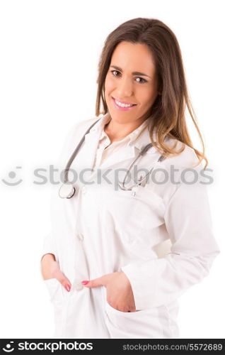 Beuatiful young medic posing isolated over a white background