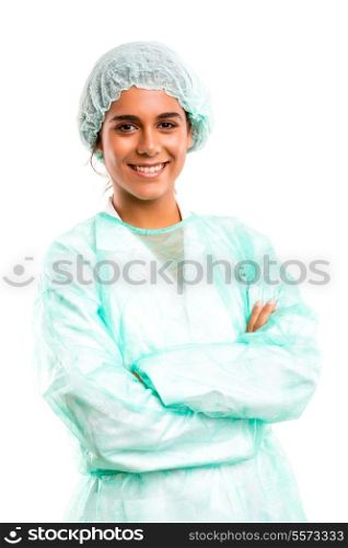 Beuatiful young medic posing isolated over a white background