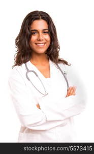 Beuatiful young medic posing isolated over a white background