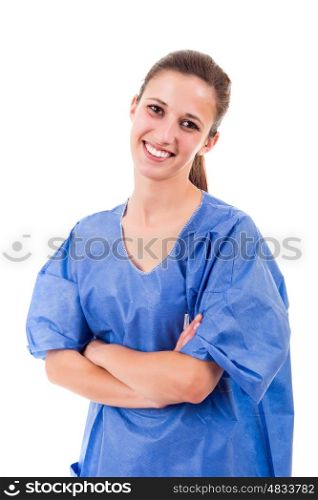 Beuatiful young nurse posing isolated over a white background