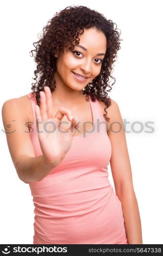 Beutiful afro woman doing OK sign over white background
