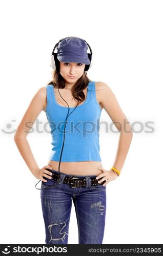 Beutiful girl listen music with headphones isolated on white