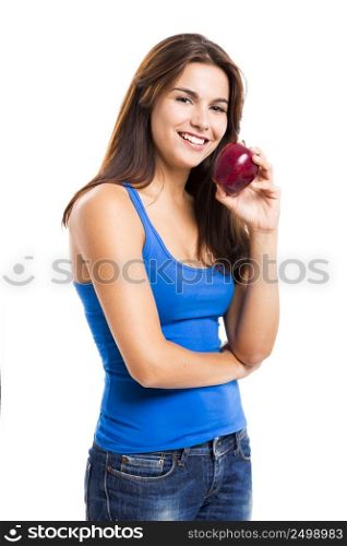 Beutiful woman eating a apple, isolated over white background