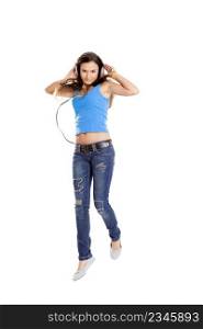 Beutiful young girl dancing and listen music, isolated on white