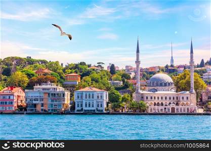 Beylerbeyi Mosque, view from the Bosphorus in Istanbul, Turkey.. Beylerbeyi Mosque, view from the Bosphorus, Istanbul, Turkey