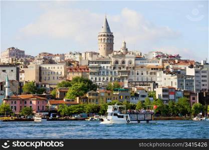 Beyoglu district historic architecture and Galata tower medieval landmark in Istanbul, Turkey