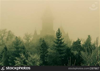 Beyound the trees a church in the mist. Winter scene. Metropolitan Orthodox Cathedral from Timisoara