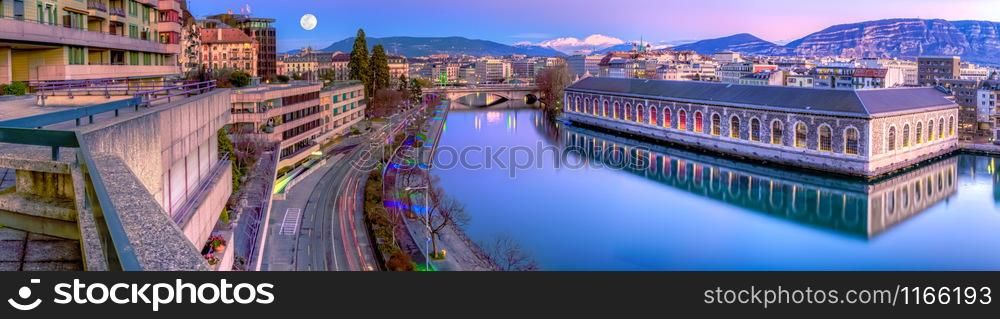 BFM, building and Rhone river by night with full moon, Geneva, Switzerland