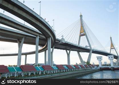Bhumibol Bridge, a bridge over a large river in Thailand. Routes linking many areas.
