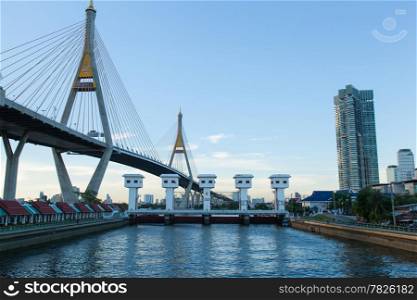 Bhumibol Bridge, a bridge over a large river in Thailand. Routes linking many areas.
