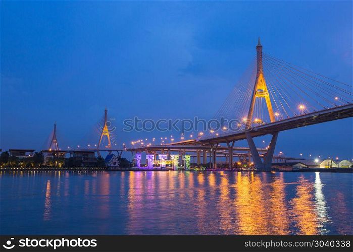 Bhumibol Bridge at night. Bhumibol Bridge at night. The highway crosses the Chao Phraya River.