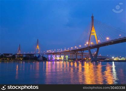 Bhumibol Bridge at night. Bhumibol Bridge at night. The highway crosses the Chao Phraya River.